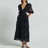 ADVBRIDGE  -  Women Sexy Pleated A-Line Dress Embroidery Retro Puff Short Sleeve Party Dress Temperament V Neck Waist Hollow Lace Long Dress