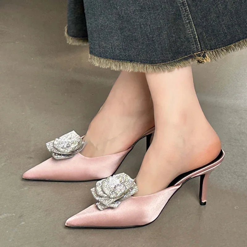 ADVBRIDGE  -  Designer CRYSTAL Flower Silk Pointed Toe Women Slippers Fashion Thin Heels Party Dress Ladies Mule Shoes