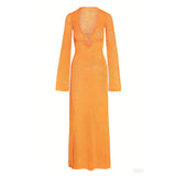 ADVBRIDGE  -  Sexy Deep V Neck Knitted Long Dress For Women Long Sleeve Solid Casual Long Robes 2025 New Lady Spring Vacation Beach Dresses