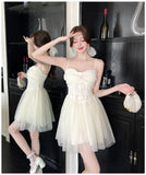 ADVBRIDGE  -  French Style Apricot Elegant Princess Dress Women Lace Strapless Sexy Mesh Mini Dresses Summer Sweet Kawaii Birthday Vestidos