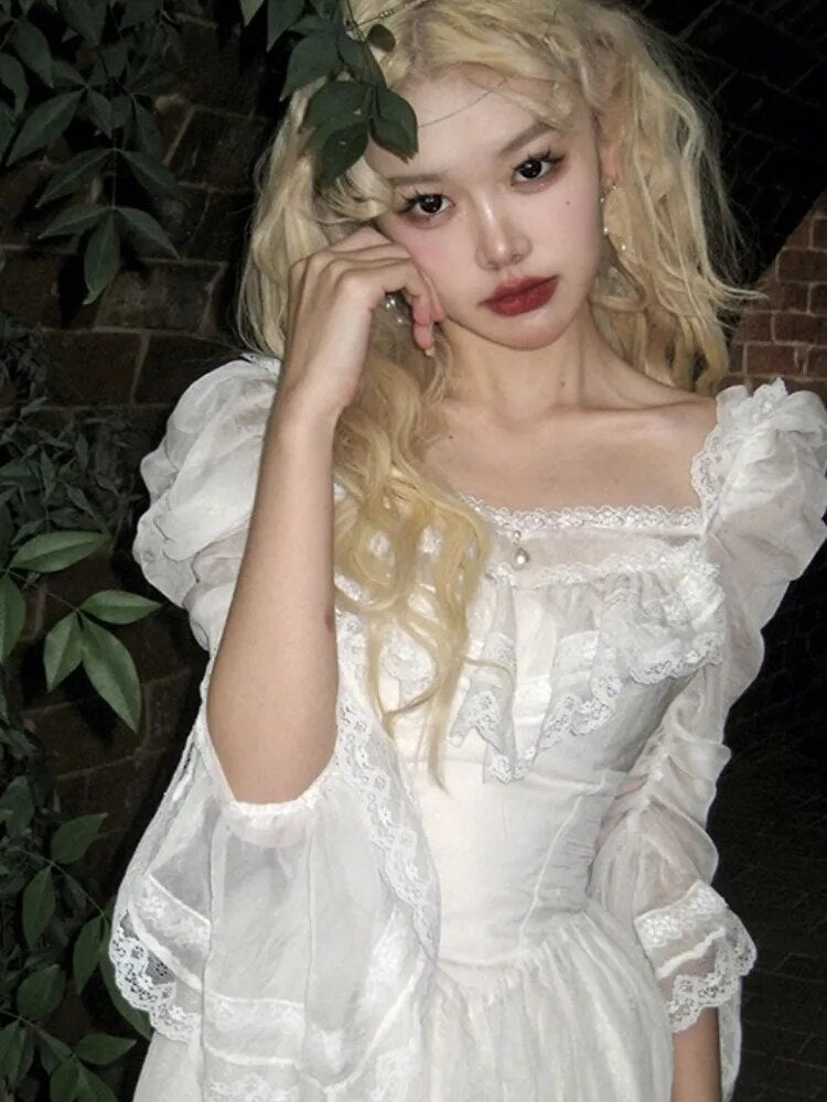 Advbridge White fluffy sleeved Lolita Fairy Dress Women's Vintage Chiffon Elegant Sweet Midi Dress Lace Korean Party Dress Women's