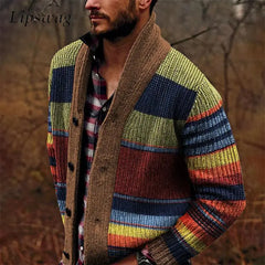 Advbridge Men‘s Wintern outfits Trendy Mens Knitted Cardigans 2025 Spring Casual Button-up Lapel Sweatercoats Men Vintage Rainbow Striped Sweater Jacket Coats Advbridge Men‘s Wintern outfits