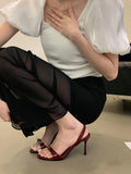 ADVBRIDGE  -  Silver Heels Sandals Ladies Summer Shoes 8cm Stiletto Heeled Sandals Sexy Belt Buckle Burgundy Office Shoes Female