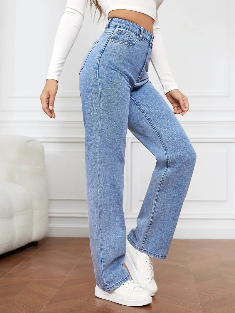 Advbridge Jeans Stretch Washed Denim Pants Women Summer Fashion Versatile Straight-Leg Denim Trousers Straight Jeans Chunky Pants