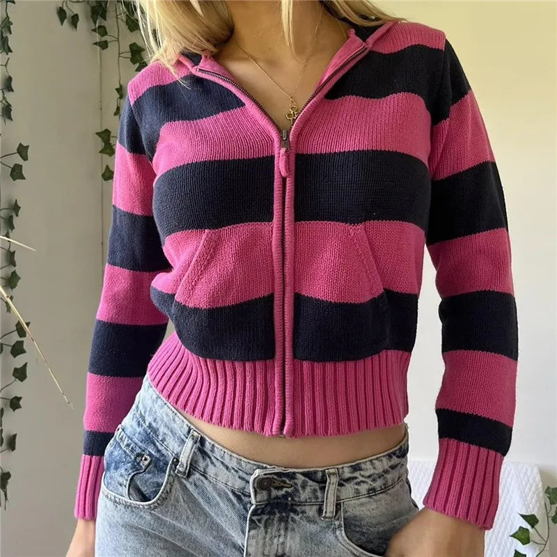 Advbridge y2k Aesthetic Zip Up Hoodie Women Emo Striped Long Sleeve Knitted Crop Tops with Pockets Grunge Sweatshirt Streetwear