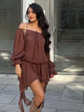 ADVBRIDGE  -  Chic Low Neck Lace Up Mini Dress Elegant Solid Flare Sleeve Pleated Off Shoulder Gown New Women Highstreet Holiday Dresses 2025