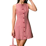 ADVBRIDGE  -  Vintage Plaid Tank Dress Women Summer Sleeveless Round Neck Button Up A-Line Mini Dresses Classic Party Vestidos