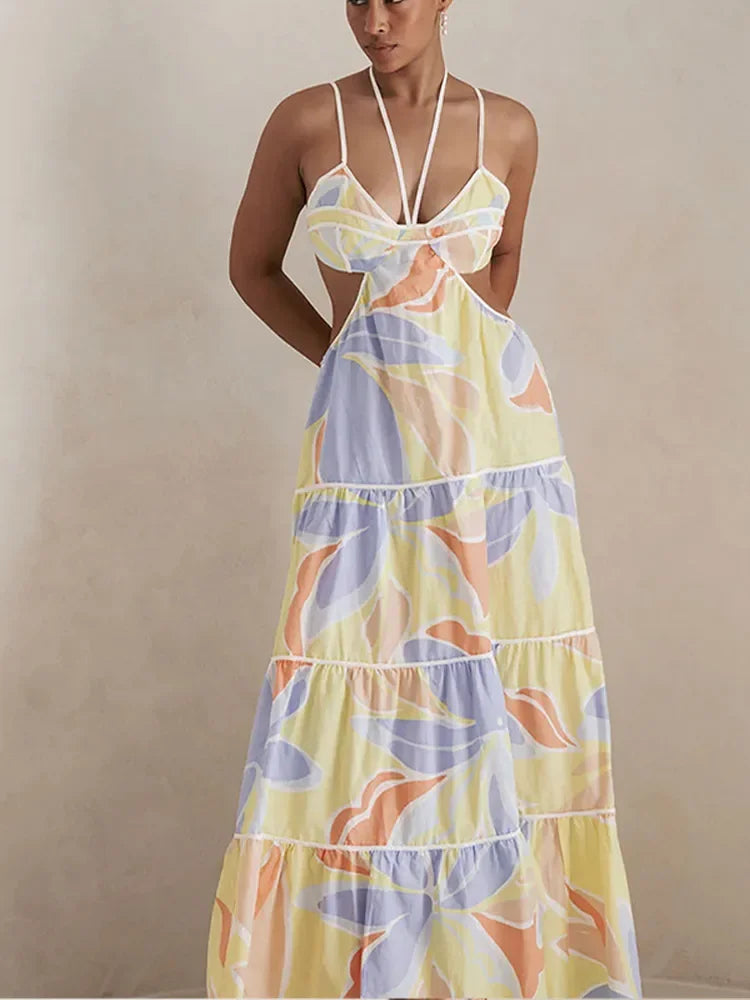 Advbridge New Vacation Floral Printed Cut Out Women Sling Dress Hollow Out Sleeveless Lace Up Dropped Waist Lady Robes 2025 Beachwear