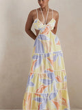 Advbridge New Vacation Floral Printed Cut Out Women Sling Dress Hollow Out Sleeveless Lace Up Dropped Waist Lady Robes 2025 Beachwear