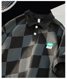 Advbridge Checked Short-sleeved T-shirt Women Men's Summer Trend Casual Lapel T-shirt Youth Versatile Mid-sleeved Hong Kong Style Top