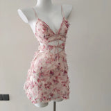 ADVBRIDGE  -  Cute Sleep Dress Lolita Night Women Sleepwear Small Chest Hollow Out Flower Lace Mesh Suspender Nightdress with Panty Pajama Set