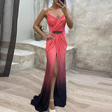 Advbridge Elegant Fashion Gradient High Split Dresses Lady Pleated Waisted Party Dresses Women Sexy Deep V-neck Sleeveless Evening Dress