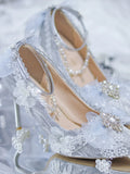 French Lolita Elegant Palaca Girl Shoes Noble Gentle Tea Party Lace Bowknot Pearls Gems Wedding Pointed Sandals 8cm High Heeled