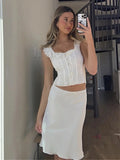 Advbridge White Lace Summer Women Set Sleeveless Crop Top+midi Skirt Outfits 2024 Beach Holiday Chic Vintage Sundress Dress Set