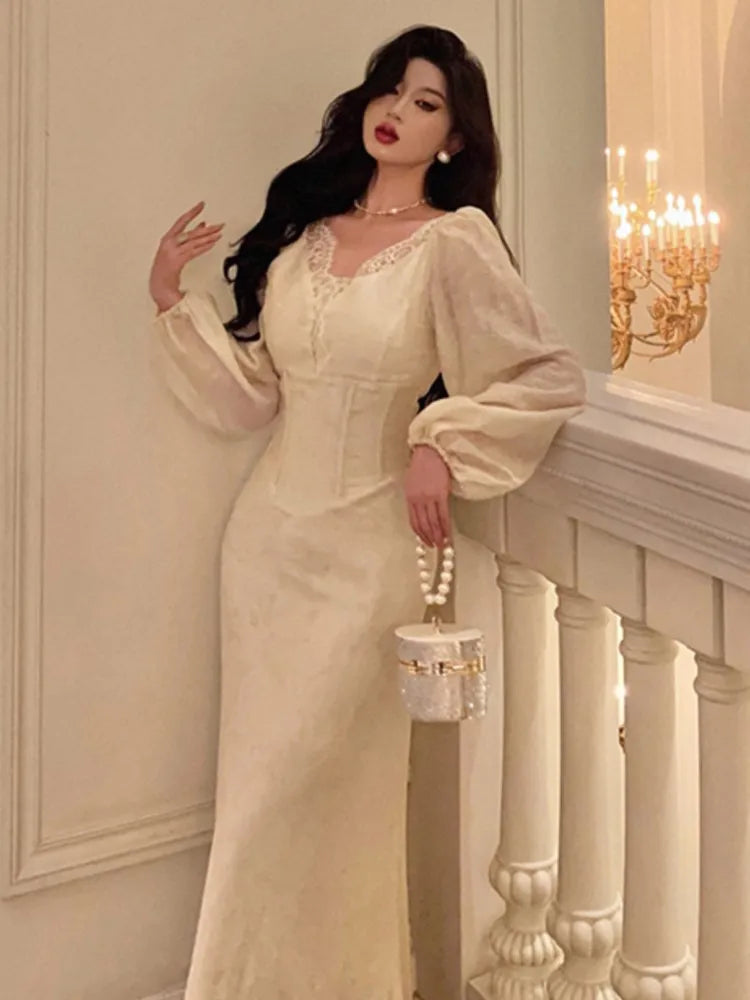 Advbridge Spring Women New Vintage Elegant Slim Lace Dress Long Puff Sleeve Backless Clothing French Vintage Evening Party Robe