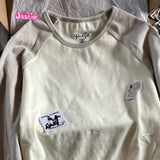 Advbridge Vintage Patchwork Ribbed T-shirt Women Autumn Casual Round Neck Long Sleeve Tee Shirt Retro Streetwear Chic Cotton T Shirt Tops