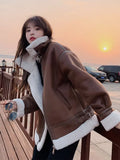 Advbridge New Winter Lambswool Coat Female Padded Fur One Motorcycle Suit Short Loose Leisure Plush Cotton-padded Jacket Coat Female