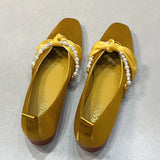ADVBRIDGE  -  Elegant String Bead Silk Ribbon Knot Design Low Heel Mary Jane Shoes Woman French Style Yellow Square Toe Chunky Heel Loafers