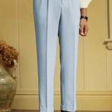 Advbridge Italian Style Naples Suit Pants Men Blue Stripes Seersucker High Waist Paris Buckle Trouser Fashion England Business Casual Pant
