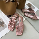 Advbridge Summer Women Flat Slippers Candy Leather Women Simple Bow Shoes Open Toe Square Head Slippers Women 2024 New French Beach Shoes