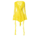 ADVBRIDGE  -  Women's Sexy Yellow Lace Mini Vestidos Chic See Through V Neck Flare Sleeve Tassel Dress 2025 Party Club Wear Slim Fit Dresses
