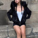 Advbridge Goth Dark Faux Fur Collar Hooded Zip Up Hoodies Gothic Grunge Pockets Autumn Black Jackets Female Y2k Streetwear egirl Cardigans