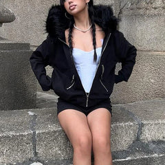 Advbridge Goth Dark Faux Fur Collar Hooded Zip Up Hoodies Gothic Grunge Pockets Autumn Black Jackets Female Y2k Streetwear egirl Cardigans
