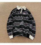 Advbridge Japan Retro Striped Long-sleeved POLO Shirt Top Men Women Loose Trend Couple BF Lapel Sweatshirt Preppy Hip Hop Cool Shirts