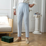 Advbridge Men's Luxury Naples Slim-fit Thin Blue Striped Dress Pants Solid Color British Retro Premium Elegant Leisure High Waist Trousers