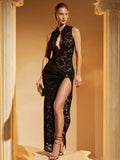 Advbridge Sexy Hollow Out High Slit Lace Women Maxi Dress Black See Through Evening Dress Female Autumn New Elegant Party Clubwear