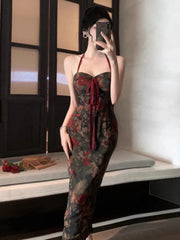 Advbridge Vintage Halter Printed Strapless Party Dresses Women Evening Gown French Sexy High Waist Slim Fit Cocktail Prom Vestido