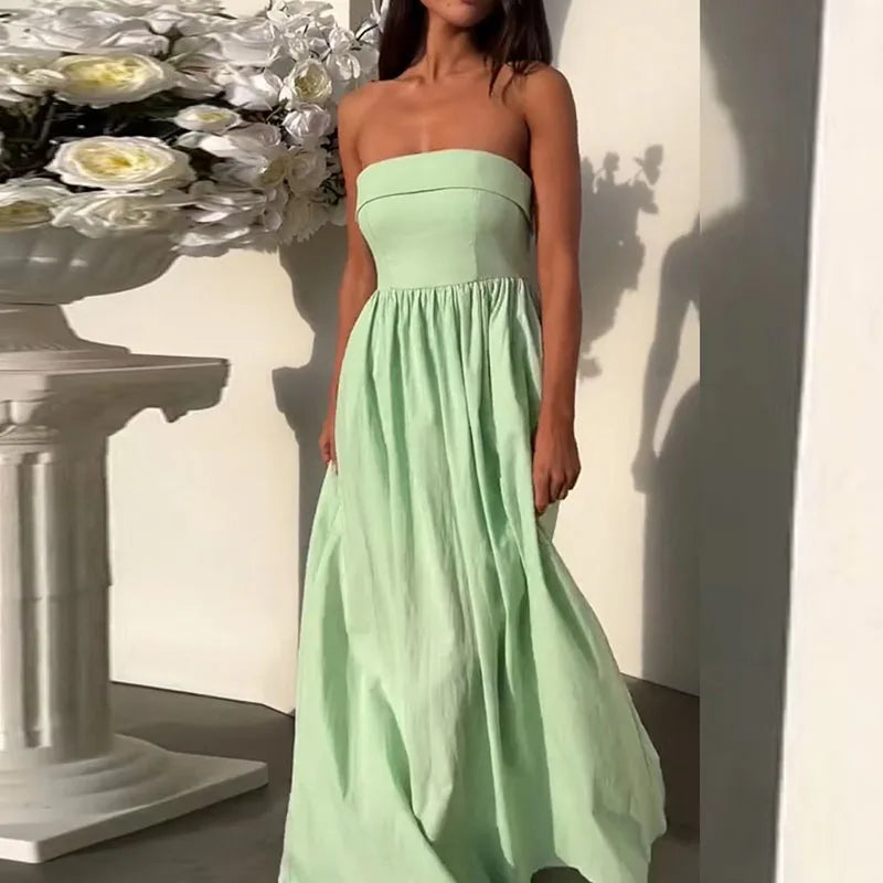 Advbridge -  Sexy Off Shoulder Sleeveless Long Dress Summer Elegant Strapless Pleated Solid Party Dress Spring Women Fashion Waist Maxi Dress