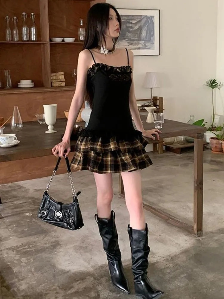Advbridge Retro Embroidered Camisole Dress For Women'S Summer New Ballet Plaid A-Line Bra Chic Slim Fit Dress