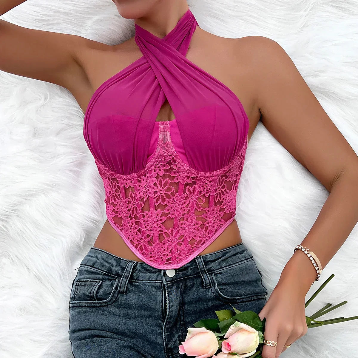 Advbridge-Sexy Lace Halter Crop Top Camisole Stitching Tank Top Bustier Women Sleeveless Lingerie Tube Tops Ladies Slim Corset Vest Summer