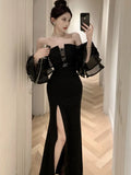 Advbridge Sexy Bodycon Evening Party Dresses for Women Ruffles Strapless High Split Black Mermaid Korean Fashion Prom Robe Vestidos New