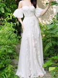 Advbridge  Boho Lace Vintage Party Solid Short Sleeve Dress Elegant Dresses Women A-Line Mesh Woman Summer Sexy Embroidery Vestido