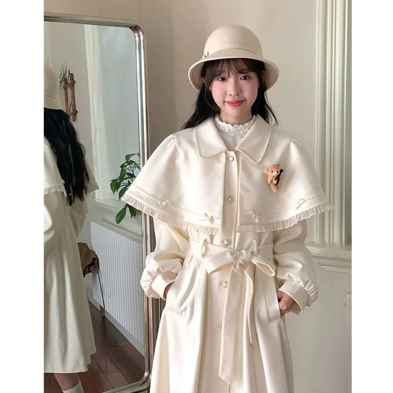 Advbridge Sweet Bow Overcoats Dress Women Long Sleeve Japanese Kawaii Slim Cape Dress Coats Korean Fashion Elegant Vintage Cloak Winter