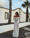 ADVBRIDGE  -  Sexy Hollow Out See Through Long Dress Chic White Lace Long Sleeve Off Shoulder Robes New Female Summer Party Club Gowns 2025