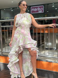 ADVBRIDGE  -  Spring Chic Women Layered Ruffles Floral Printed Robes Elegant O-neck Sleeveless Slim Long Dress Summer Chic Lady Vacation Wear