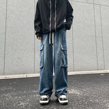ADVBRIDGE  -  Fashion Big Pocket Men's Cargo Jeans Korean Streetwear Classic Blue Black Denim Trousers Elastic Waist Male Wide Leg Pants