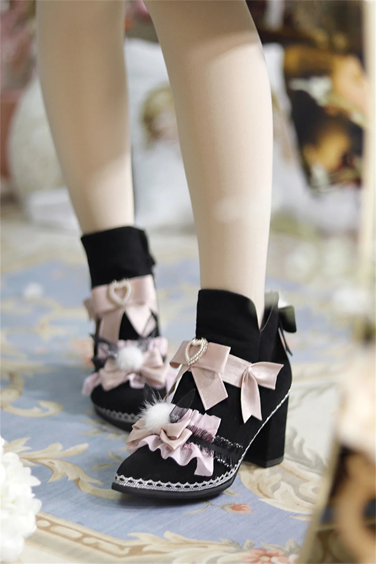 Advbridge Japanese Sweet Style Lolita Girls Shoes Cosplay Cute Bowknot Pearls Love Ruffle Kawaii Hairball Rabbit Ear 8cm High Heel Shoes