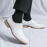 Advbridge White Fashion Men's Wedding Leather Shoes Lace-up Black Business Shoes Italy Style Point-Toe Dress Shoes Luxury Soft Wood Oxford