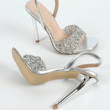 ADVBRIDGE  -  Crystal Rhinestone Super High Heels Women Sexy Square Head Open Toe Back Strap Heeled Sandals Elegant Silver Party Dress Shoes