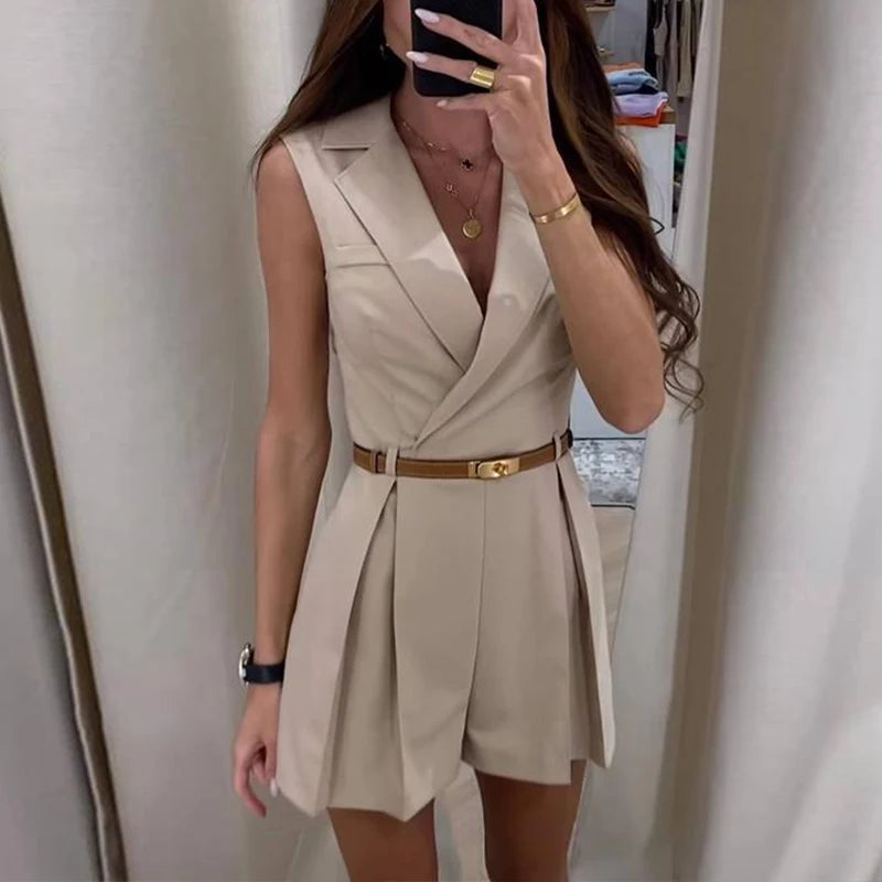 Advbridge -  Office Elegant Turn-down Collar Blazer Romper Women Casual Sleeveelss Waist Solid Shorts Jumpsuit 2024 Fashion Draped Playsuits