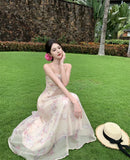 ADVBRIDGE  -  French Style Fairy Dress Women Pink Print Sweet Vintage Chiffon Vestidos Apricot 3D Flower Hang Neck Sexy Elegant Vacation Dress