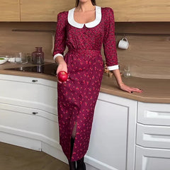 Advbridge Fashion French Style Slim Shirt Dress Elegant Doll Collar Floral Print Long Dress Female High Waist 3/4 Sleeve Slit Party Dress