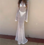 ADVBRIDGE  -  Backless Long Knit Beach Dress Women Holiday Casual See-Through Long Sleeve O Neck Hollow Out Long Dress Bikini Cover Up
