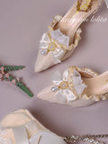 Advbridge Gorgeous Elegant Retro Court Style Cosplay Lolita Victorian Girl Lace Ruffled Pearl Gem Bow Pointed 7cm High Heeled Shoes