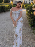 ADVBRIDGE  -  Elegant Off Shoulder Maxi Dresses Women Chic Floral Printed High Waist Gowns Fashion Lady Ruffled Sleeveless Party Vestidos