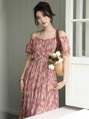 Advbridge  -  Summer New French Elegant Party Print Dress Sweet A Line Midi  Ladies Vintage Robes